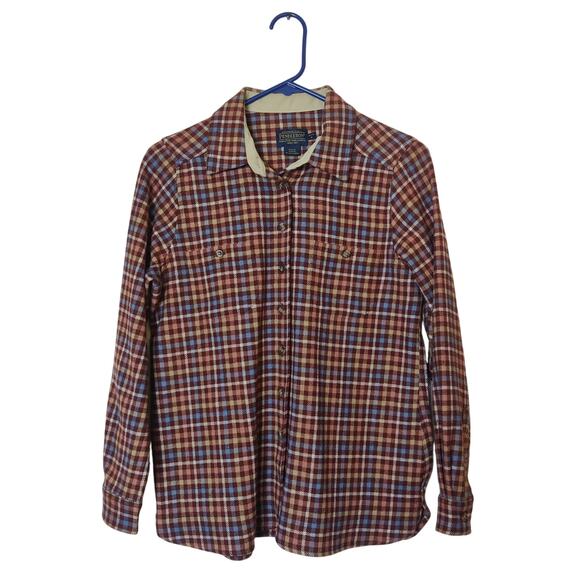 Pendleton Women's Virgin Wool Brown Gingham Check Button Up Flannel Small Petite - Picture 1 of 10